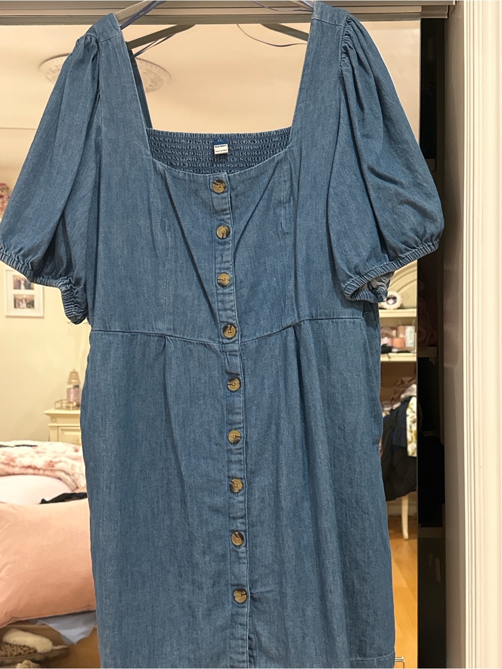 Old Navy Chambray Button Front Midi Dress Puff Sleeve Pockets XXL